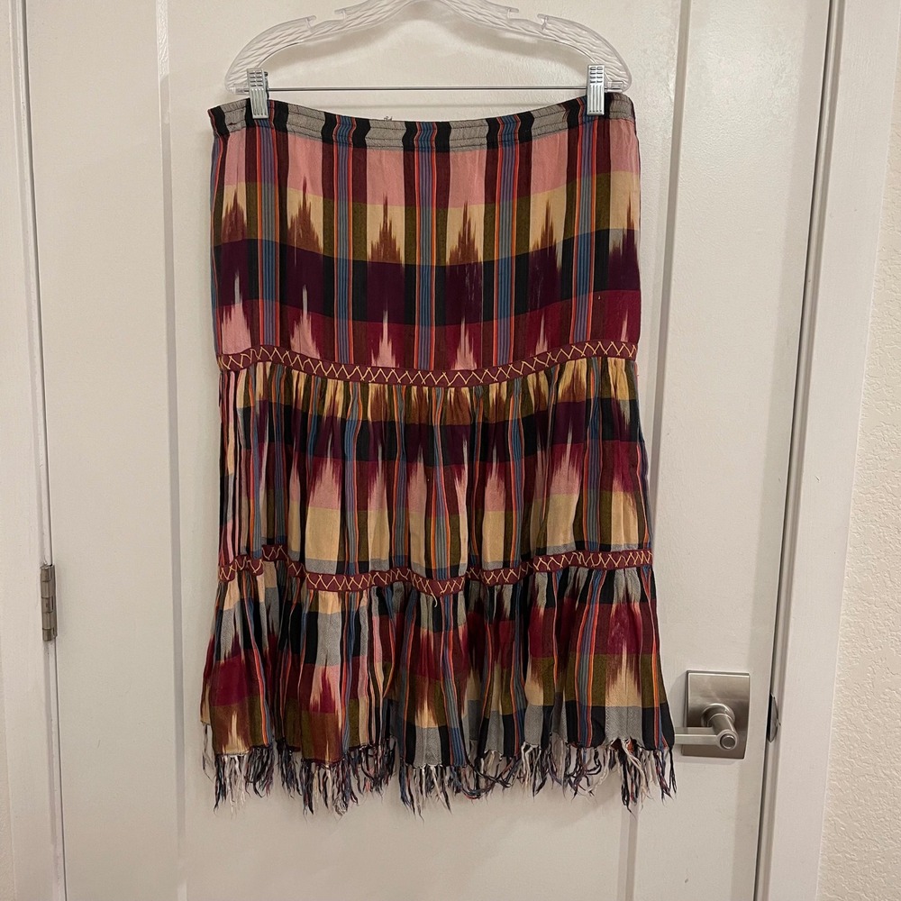 Vintage Western Fringe Plaid Midi Skirt Boho Chic Country 90s